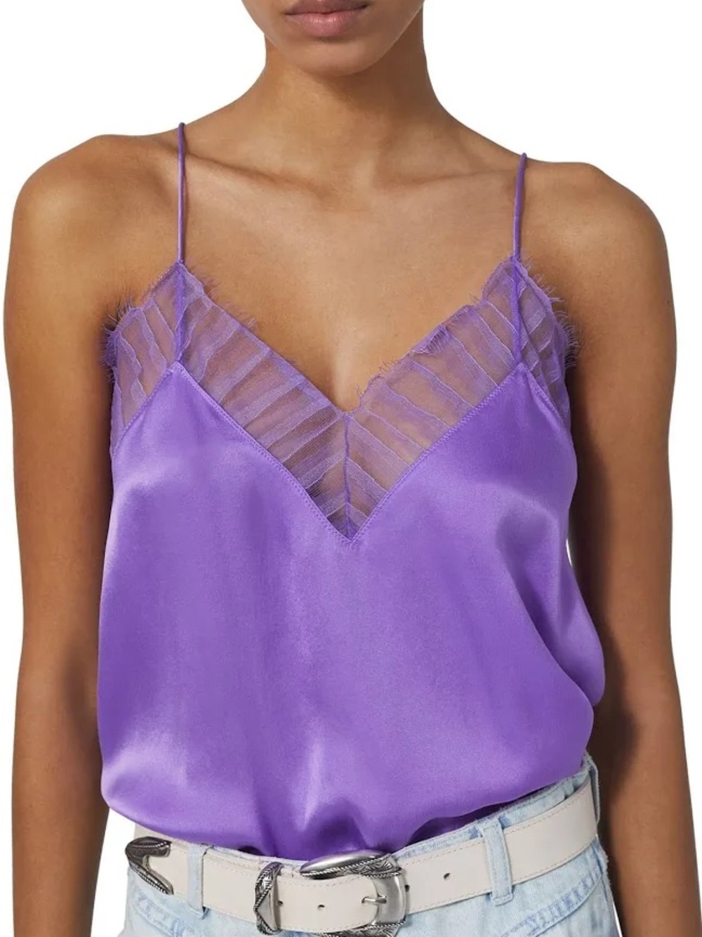 IRO Purple Satin V-Neck Camisole with Sheer Trim